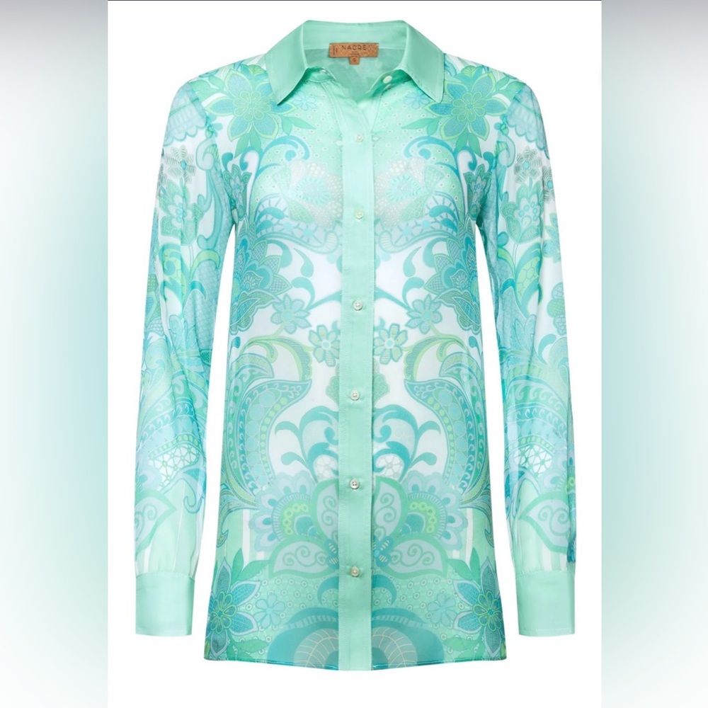 NEW Nacre Voyage Silk Blouse Emerald Heart Print Size XS